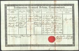 1834 Komáromi Református Kollégium bizonyítványa, latin nyelven, viaszpecséttel.