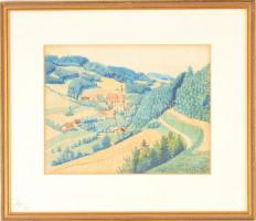 Jelzés nélkül: Házak a völgyben. Akvarell, papír, üvegezett keretben, 18×23 cm