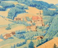 Jelzés nélkül: Házak a völgyben. Akvarell, papír, üvegezett keretben, 18×23 cm