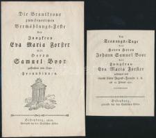 1820-1839 Sopron, 3 db menyegzőre írt versike, Schätzer Sámuel-Boór Erzsébet, Boór Sámuel-Förster Év...