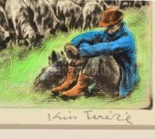 Kiss Terézia (1928- ): Legelő birkanyáj. Színezett rézkarc (I/XX), papír, jelzett, paszpartuban, 14,...