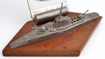 1930 Art deco stílusú hadihajós asztali dísz fényképtartó fényképpel, jó állapotban, 29×13 cm