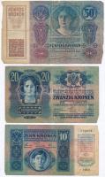 1913. 20K + 1914. 50K + 1915. 10K mindhárom piros "MAGYAROSZÁG" körbélyegzővel T:III- lyuk