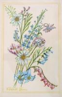 Kunál János: Mezei virágok. Akvarell, papír,jelzett, üvegezett fa keretben, 18x11 cm