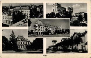 Léva, Levice; mozaiklap, rajta vár, vasútállomás, stb. / multi-view postcard with castle, railway station, etc. (Rb)