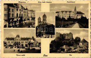 1940 Léva, Levice; Megyeháza, Római katolikus templom, Tanítóképző, Városi szálló, automobil, autóbusz, vár / county hall, Catholic church, teachers training institute, hotel, automobile, autobus, castle