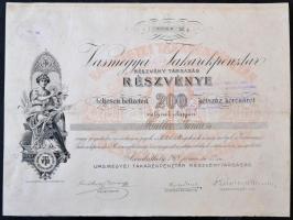 Szombathely 1918. Vas Megyei Takarékpénztár névre szóló részvény 200K-ról, belső oldal bélyegzéssel és okmánybélyeggel T:III