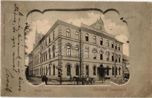 1907 Losonc, Lucenec; Városi szálló, építkezés. Redlinger Ignác kiadása / hotel, construction. Art Nouveau (Rb)