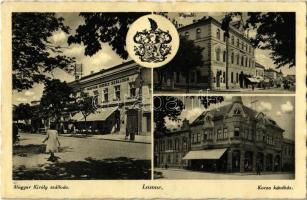 1943 Losonc, Lucenec; Magyar Király szálloda, Vigadó, Korzó kávéház, címer. Kiadja Salamon Károly / hotel, café, coat of arms (EK)