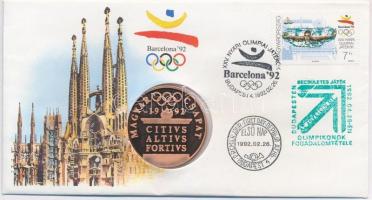 1992. Barcelona - Magyar csapat emlékérem bélyeges borítékon, elsőnapi bélyegzéssel T:PP
