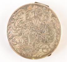 Díszes, jelzett ezüst púderes dobozka 59,4 g d:6,54 cm