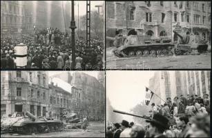 1956-os fotók: utcai jelenetek, szobordöntés, a Szabad Nép előtt, stb., 22 db későbbi előhívás, 9×14...