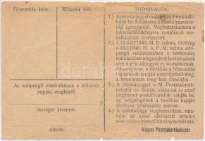 1946. 100.000AP nem kamatozó Pénztárjegy "Magyar Királyi Postatakarékpénztár" felülbélyegz...