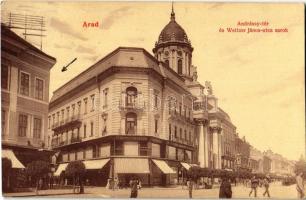 1908 Arad, Andrássy tér és Weitzer János utca sarok, Központi Divatáruház. W.L. 502. / square and street corner, shops