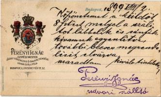 1899 Perényi Ignác cipész mester József főherceg ő cs. és kir. fensége udvari szállítója. Budapest, Erzsébet tér 17. címeres reklámlap / Hungarian shoemaker's advertisement and coat of arms (EK)