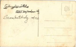 1935 Gyöngyösszőlős (Szombathely), Urak köre zászlóval a Hangya üzlet előtt. photo (EK)