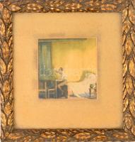 Révész Kornél (1885-1944): Utolsó kívánság. Akvarell, papír, jelzett, üvegezett keretben, 11×11 cm