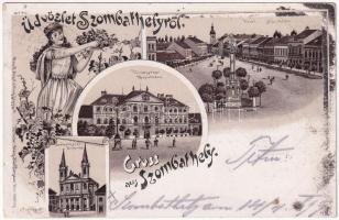 1899 Szombathely, Fő tér,Vármegyeház, Székesegyház. Hölgy szőlővel, Regel & Krug Art Nouveau, floral, litho