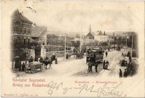1900 Sopron, Oedenburg; Kossuth út feldíszített magyar címeres villamossal, lovaskocsi. Kummert L. kiadása (fl)
