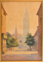 Förstner Tivadar (1878-1935): Mátyás templom 1921. Akvarell, papír, jelzett, üvegezett keretben, apró szakadással, foltos, 56×39 cm