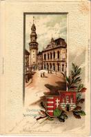 1904 Sopron, Várostorony. Címeres domronyomott litho. Passepartoutkarte Dep. 123818 R & K., Schwarcz Károly kiadása, Emb. litho (EK)