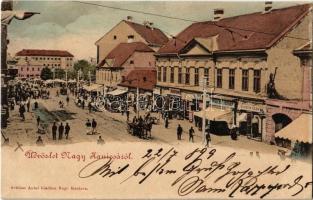 1899 Nagykanizsa, Fő utca, Irmler József, Milhofer Ödön, Singer Samu és Pollak üzlete. Schless Antal kiadása (EK)