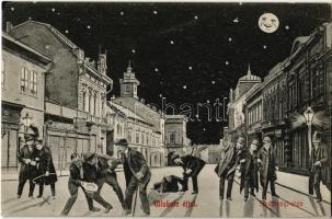 1912 Miskolc, Széchenyi utca éjjel. Részeges humoros montázs. Grünwald Ignác kiadása / drunk montage
