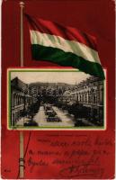 1902 Miskolc, Erzsébet tér, Kossuth szobor, gyógyszertár. Magyar zászlós litho keret (EK)