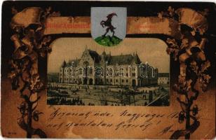 1908 Kecskemét, Városháza. Szecessziós címeres keret. Schwartz Soma kiadása / Art Nouveau litho (EB)