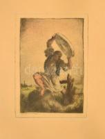 Vydai Brenner Nándor (1903-?): Toldi a malomkővel. Színezett rézkarc, papír, jelzett, 16,5 ×11 cm
