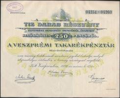 Veszprém 1926. Veszprémi Takarékpénztár tíz részvénye egyben 250P-ről, szelvényekkel és szárazpecséttel T:II,II-