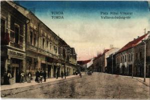 1926 Torda, Turda; Piata Mihai Viteazul / Vallásszabadság tér, Libraria Poporala nyomda, üzletek. Libraria Poporala saját kiadása / square, publishing house, shops