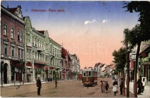 1914 Debrecen, Piac utca, villamos, Miklós és Kertész banküzlete, Singer üzlet, Korona kenyérgyár (Rb)
