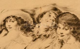 Prihoda István (1891-1956): Barátnők. Rézkarc, papír, jelzett a karcon, 21×30 cm