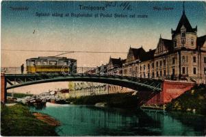 Temesvár, Timisoara; Béga folyó, híd, villamos, kávéház, MÁV uszályok / Bega river bridge, tram, café, barges