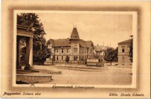 1913 Nagyszeben, Hermannstadt, Sibiu; Schevis utca, villamos / Schewisgasse / Strada Schewis / street, tram