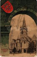 1905 Nagyszeben, Hermannstadt, Sibiu; Evangélikus templom. Címeres litho keret, Carl F. Jickeli kiadása / Kirche / Lutheran church. Coat of arms, Art Nouveau, litho (EB)