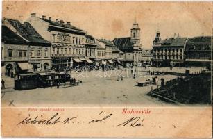 1899 (Vorläufer!) Kolozsvár, Cluj; Fő tér északi oldala, Európa kávéház, Kiss Ernő és Gergely Ferenc üzlete, városi vasút / main square with shops, urban railway (EK)