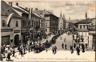 1912 Kolozsvár, Cluj; MÁV Összhang zászlószentelési ünnepélye 1903 augusztus 16-án, részvénytársaság, Fogászati műterem, Farkas Ignác, Herman Gyula, Reichelt Mihály és Janovitz Géza üzlete, Párisi Nagyáruház / Ceremony of Hungarian State Railways, dentistry, shops (EK)