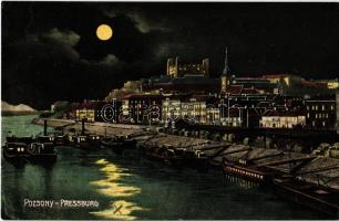 1912 Pozsony, Pressburg, Bratislava; kikötő este. Wohlmuth J. kiadása / port at night