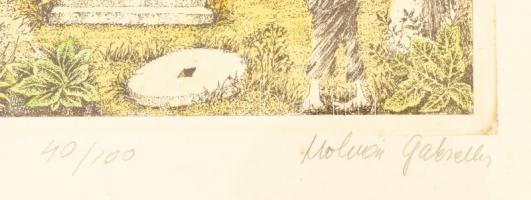 Molnár Gabriella (1940-): Malom. Színezett rézkarc, papír, jelzett, üvegezett fa keretben, 29×19 cm