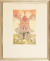 Molnár Gabriella (1940-): Malom. Színezett rézkarc, papír, jelzett, üvegezett fa keretben, 29×19 cm