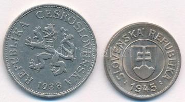 Csehszlovákia 1938. 5K Ni + Szlovákia 1945. 5K Cu-Ni T:1-kis ph. kis patina Czechoslovakia 1938. 5 K...
