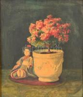 Oppel Magda (1884-): Csendélet babával. Akvarell, papír, jelzett, keretben, 40×34 cm