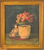 Oppel Magda (1884-): Csendélet babával. Akvarell, papír, jelzett, keretben, 40×34 cm