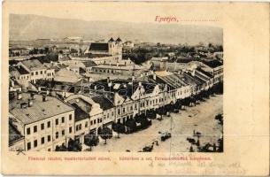 Eperjes, Presov; Fő utca háttérben a szt. Ferencz-rendiek temploma, Központi Kávéház. Cattarino S. utóda Földes kiadása / general view with church, main street, cafe