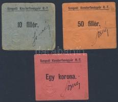 Szeged, DN Szegedi Kenderfonógyár R.-T. 10f + 50f kerekített sarkokkal, "Sósné" bélyegzővel + 1K szögletes sarkokkal "Sósné bélyegzővel mindegyiken 3klf db szárazbélyegzővel T:II,II/III