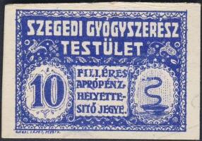 DN Szeged, Szegedi Gyógyszerész Testület 10f kék színű kartonpapíron, hátoldalon fordított nyomatban 2x1/2 bankjegyképpel (próba?!) T:I