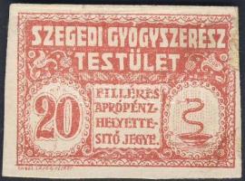 DN Szeged, Szegedi Gyógyszerész Testület 20f piros színben kartonpapíron, hátoldalon fordított bankjegyképpel (próba?!) T:I
