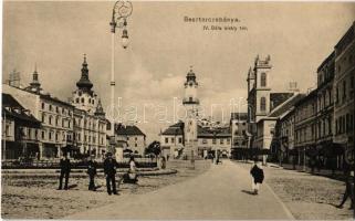 Besztercebánya, Banská Bystrica; IV. Béla király tér, templomok, Ivánszky Elek üzlete. havelka József kiadása / square, churches, shops